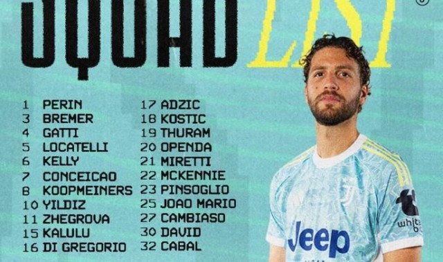 尤文客战卡利亚里大名单：洛卡特利领衔，米利克继续伤缺